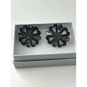 Vintage Mexico Taxco Flower Mother of Pearl Sterling Silver Earrings Screw Back